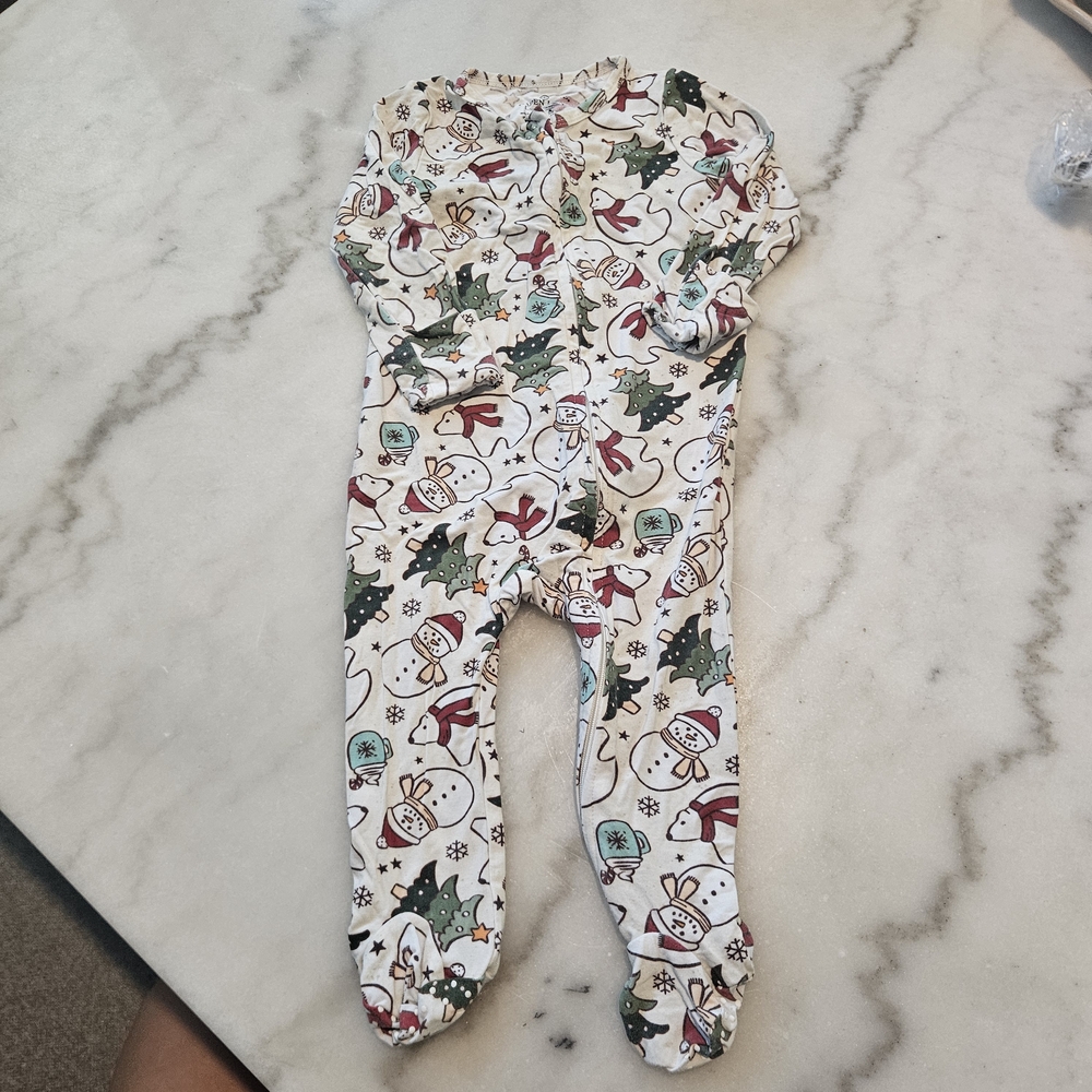 Caden Lane Snowman and Holly Kids One Piece - Cream and Green